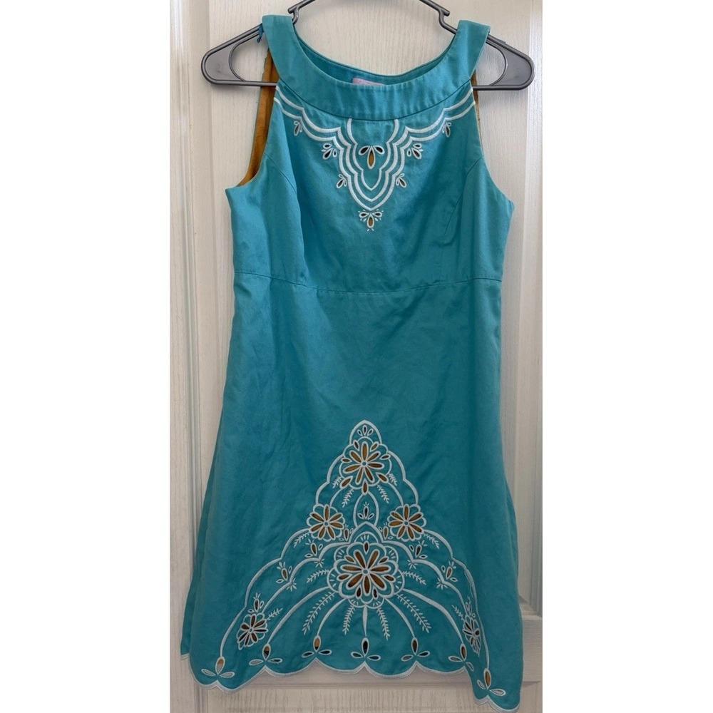 Lilly Pulitzer Jacqueline Embroidered Dress‎ Teal Gold Women's Size 6 Sleeveless